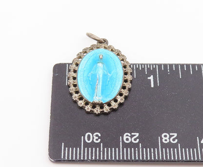 925 Sterling Silver Vintage Pendant Enamel Miraculous Medal Religious  PT26577