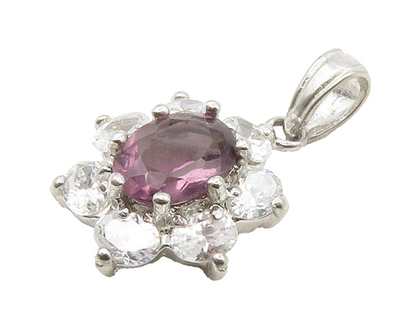 925 Sterling Silver  Vintage Amethyst & Cubic Zirconia Flower Pendant  PT11928