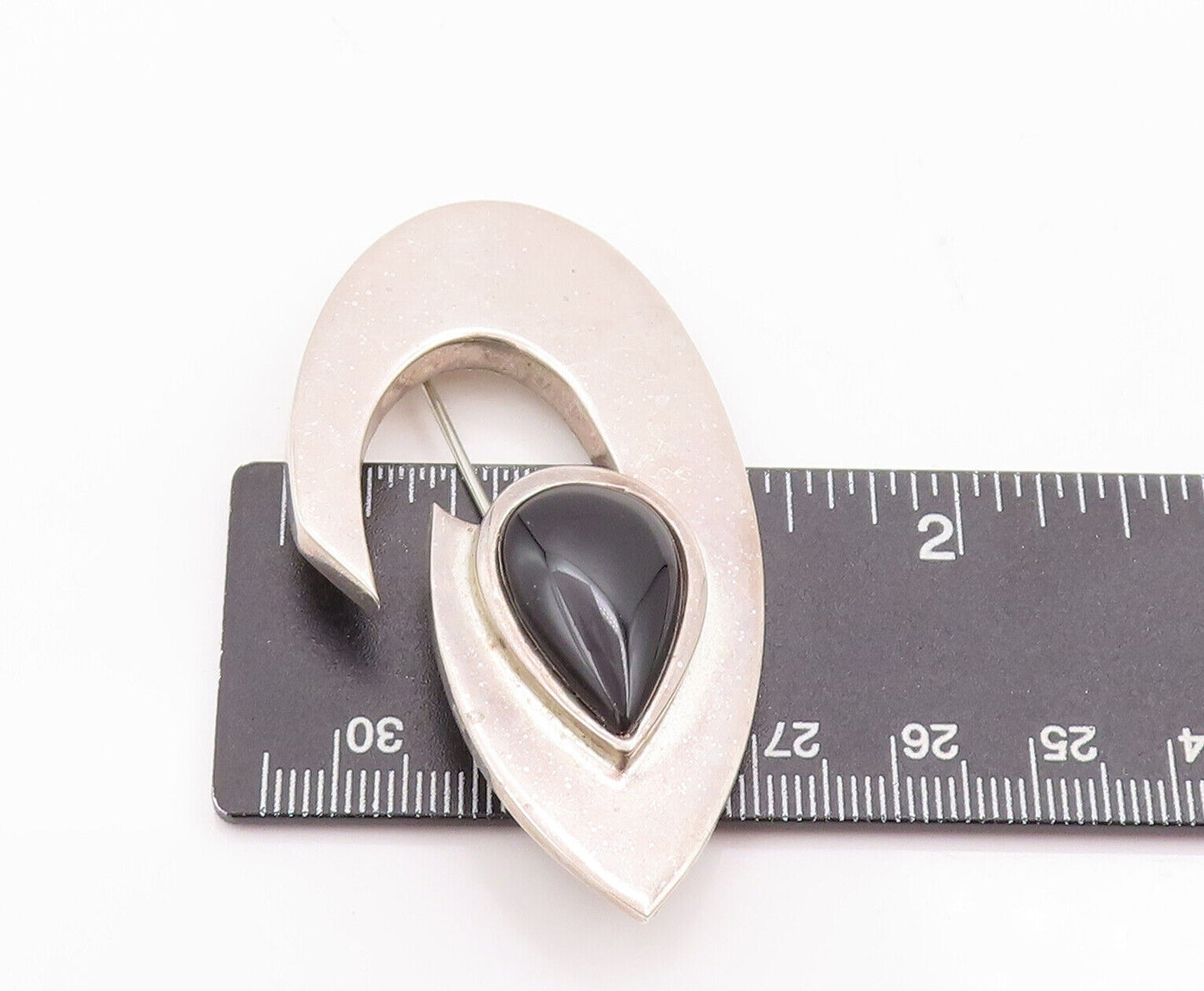 925 Sterling Silver Vintage Brooch Pin Designer Cabochon Drop Shape Onyx BP10871