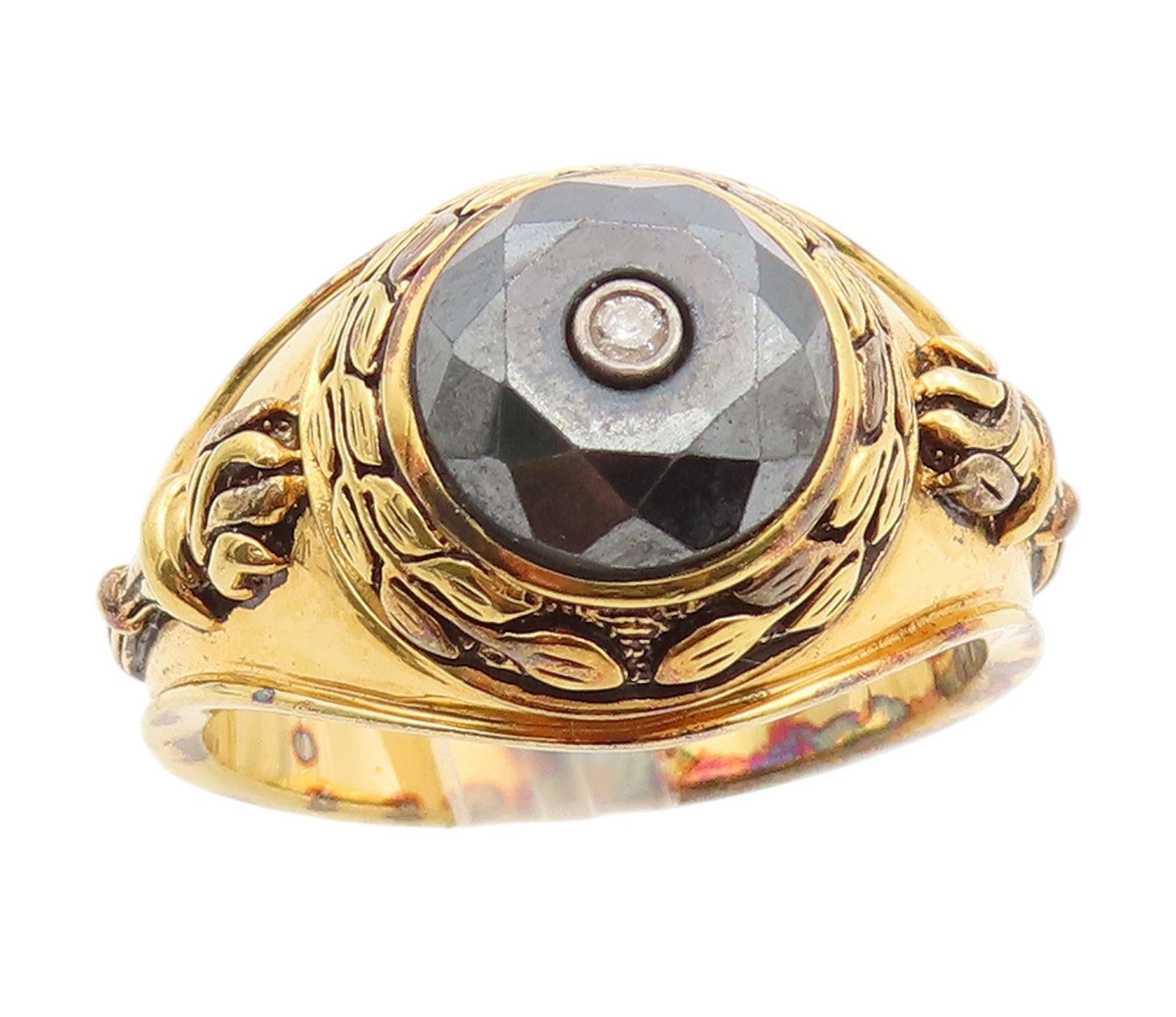 925 Sterling Silver Vintage Ring Gold Plated Diamond & Hematite  Sz 14  RG34223