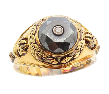 925 Sterling Silver Vintage Ring Gold Plated Diamond & Hematite  Sz 14  RG34223
