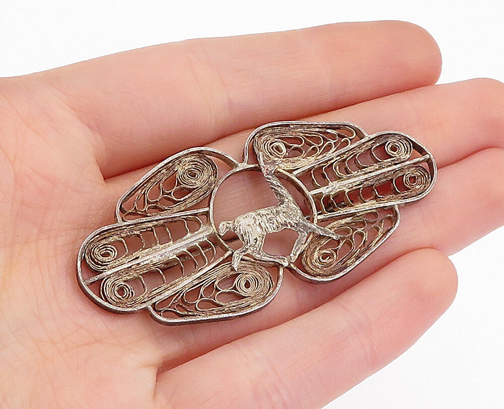 925 Sterling Silver Vintage Filigree Designed Alpaca Animal Brooch Pin BP1493