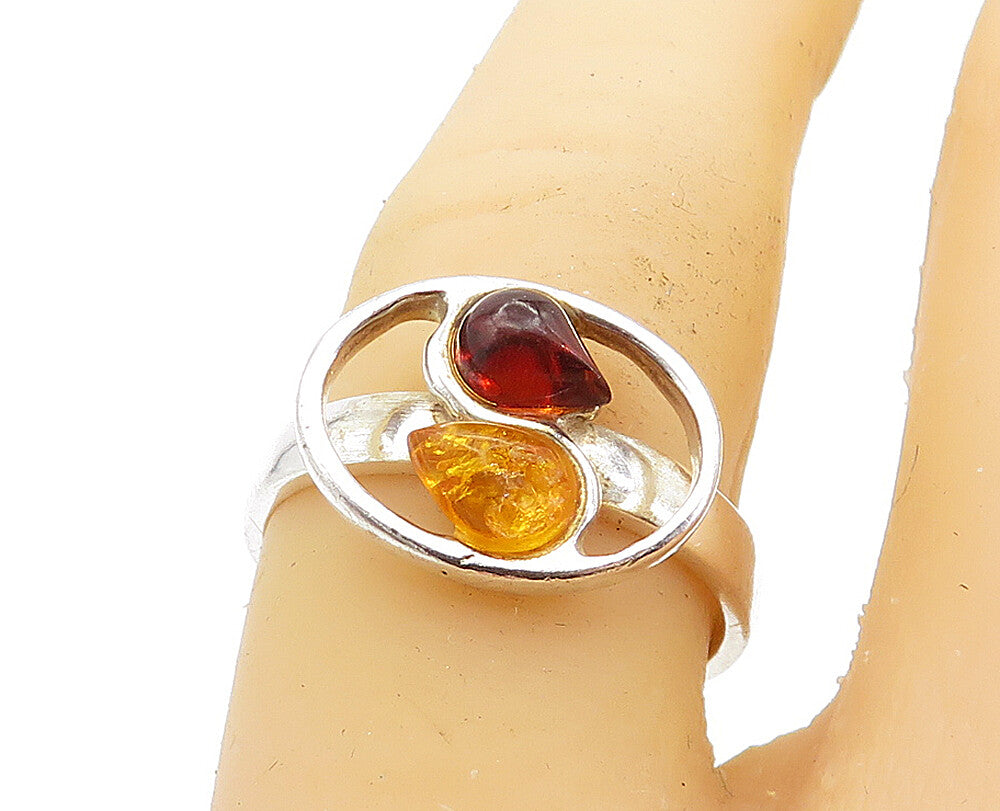 POLAND 925 Sterling Silver  Vintage Tear Drop Amber Band Ring Sz 6.5  RG4311