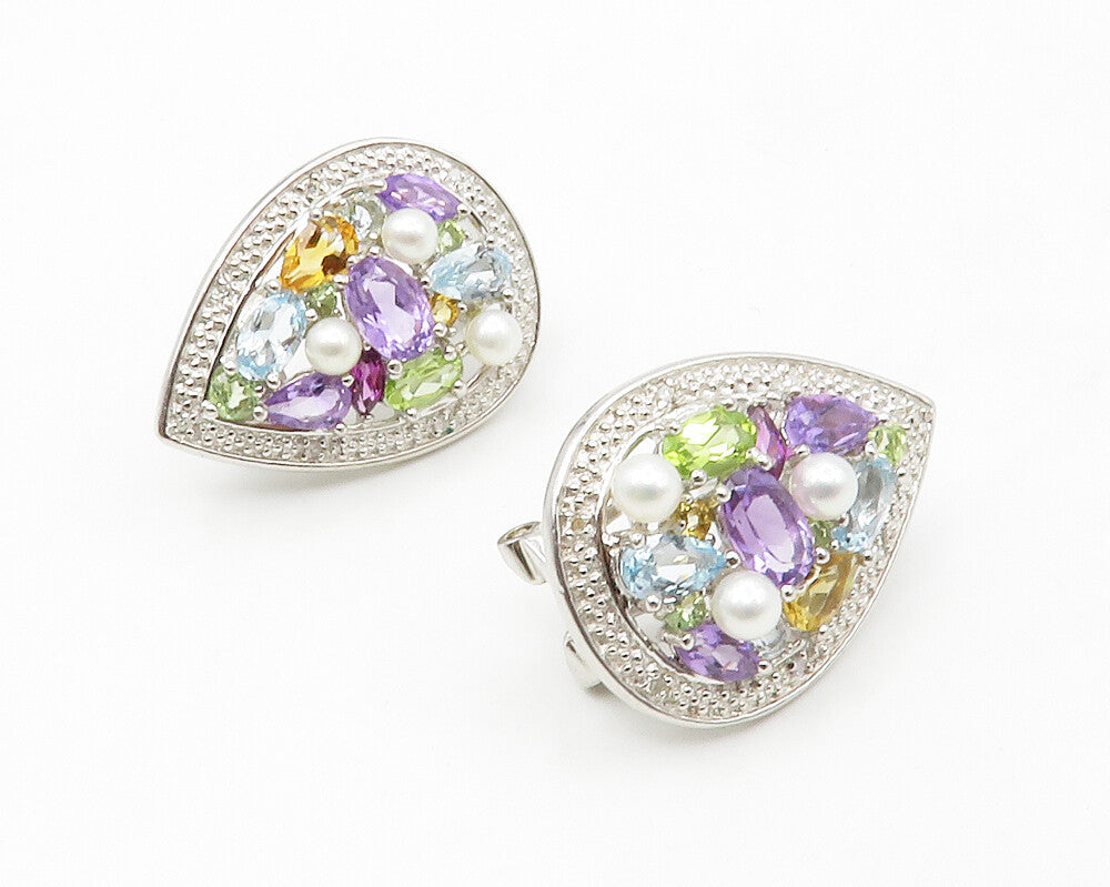 925 Sterling Silver Genuine Diamonds Pearls & Multi Stone Earrings EG6946