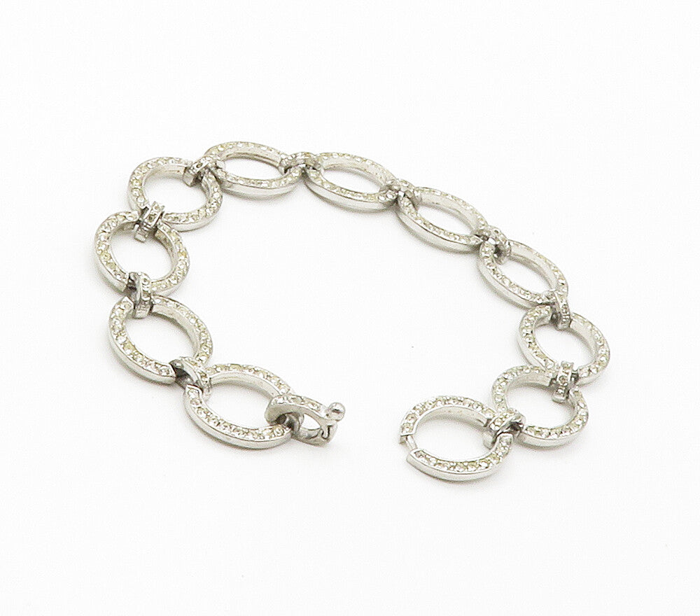 925 Sterling Silver  Vintage White Topaz Open Oval Chain Bracelet  BT5944