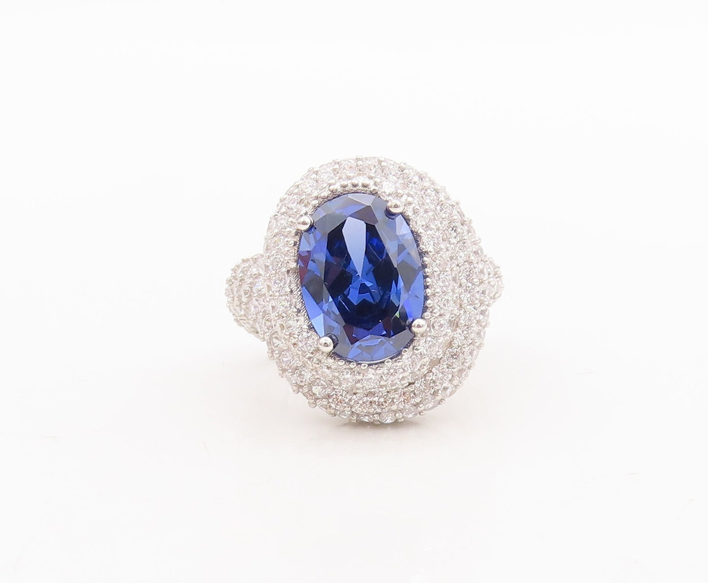 925 Sterling Silver Vintage Ring Designer Oval Sapphire Halo CZ Sz 7.5 RG29568