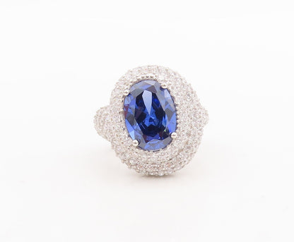 925 Sterling Silver Vintage Ring Designer Oval Sapphire Halo CZ Sz 7.5 RG29568
