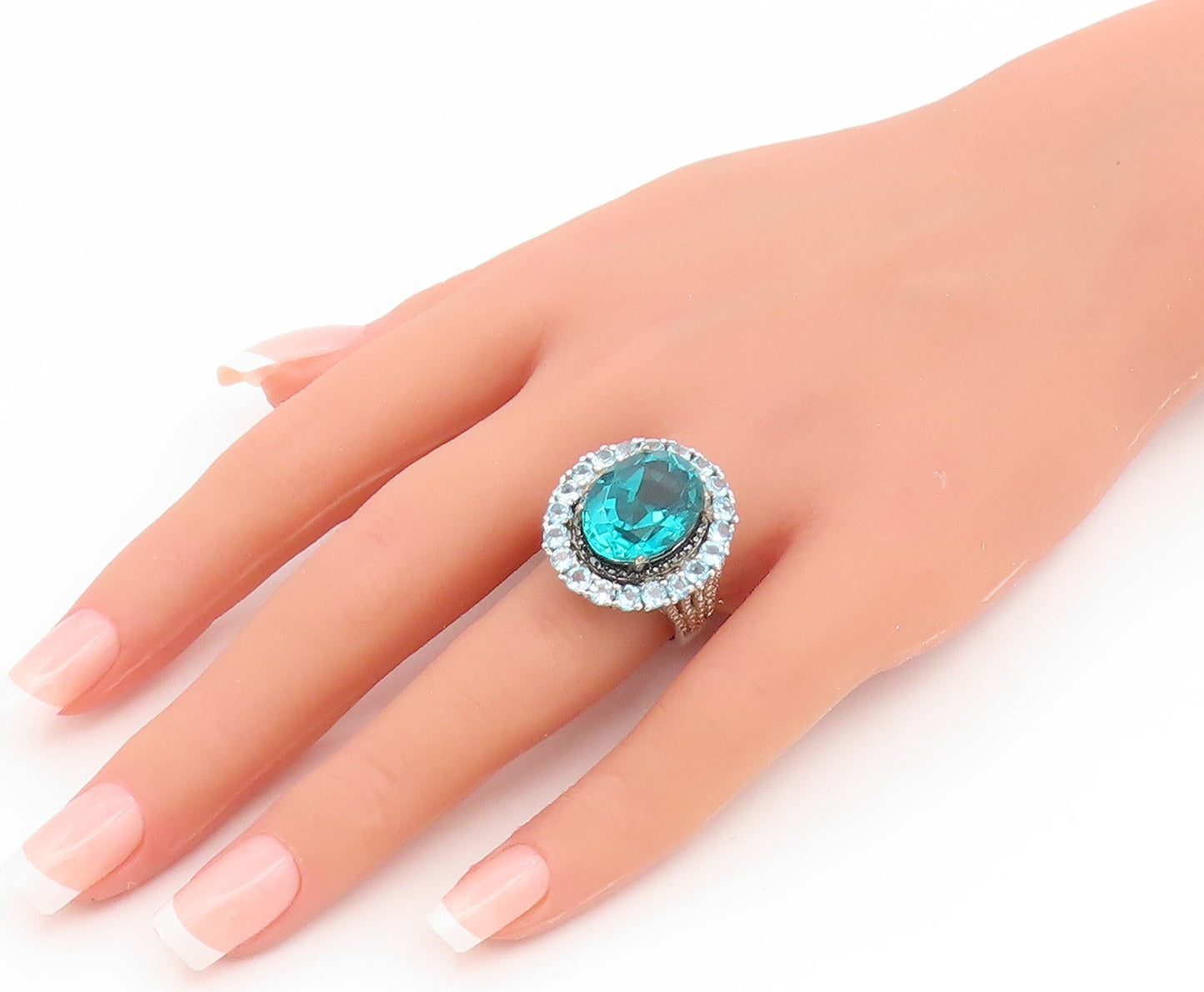 925 Sterling Silver Vintage Ring Large Blue Quartz & Topaz Band  Sz 8  RG35087