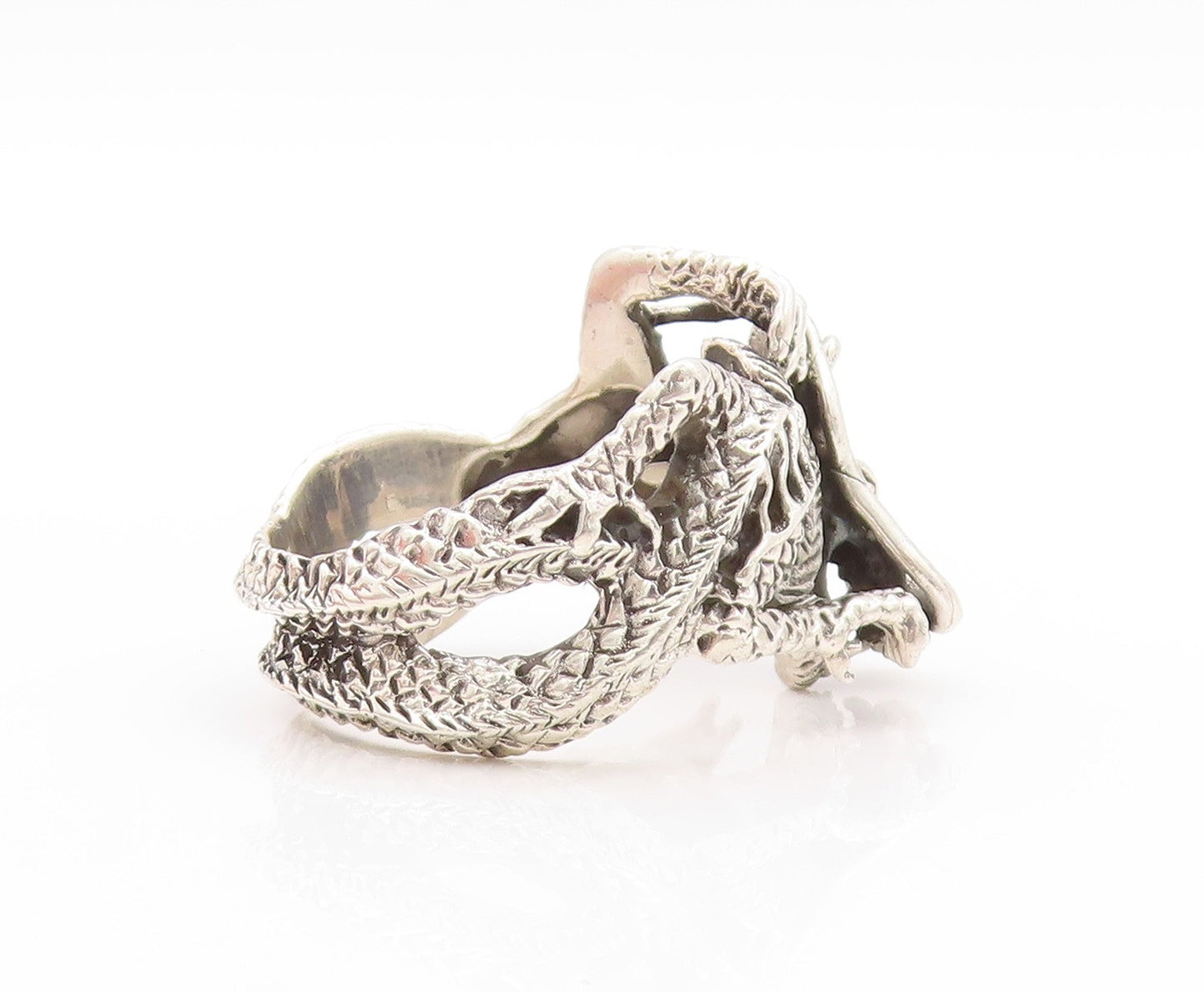 925 Sterling Silver Vintage Ring Dark Tone Large Chinese Dragon  Sz 5  RG32856