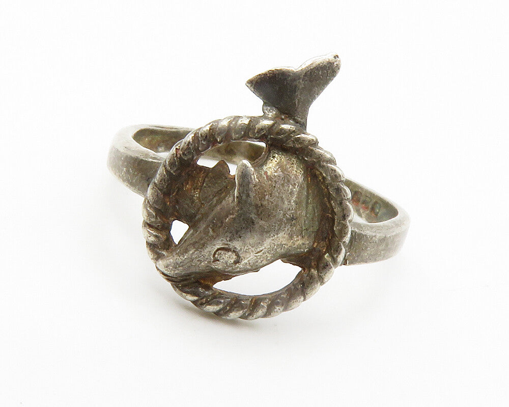 925 Sterling Silver  Vintage Dark Tone Dolphin Twist Band Ring Sz 7  RG14346