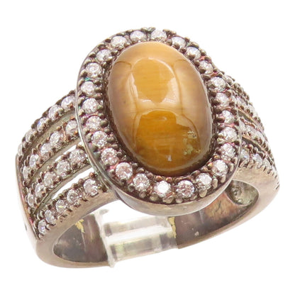 925 Sterling Silver Vintage Ring Classic Tiger's Eye Halo CZ Band  Sz 7  RG35969