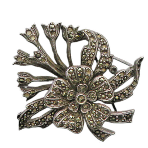 925 Sterling Silver  Vintage Shiny Marcasite Flower Motif Brooch Pin  BP8870