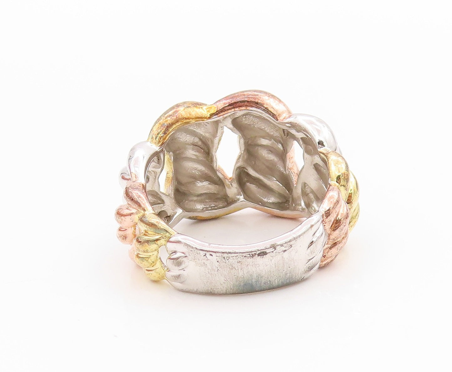 925 Sterling Silver Vintage Ring Gold Plated Tri Tone Braided  Sz 7.5  RG33511