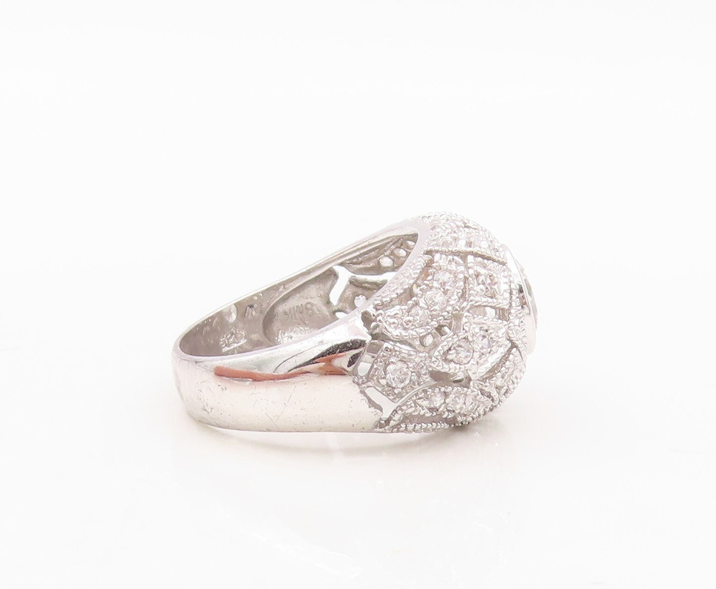 925 Sterling Silver Vintage Ring Designer Carved CZ Inlay Dome  Sz 7  RG30442