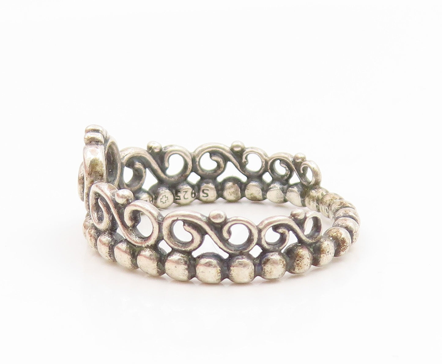 925 Sterling Silver Vintage Ring PANDORA CZ Princess Heart Crown  Sz 7  RG35139