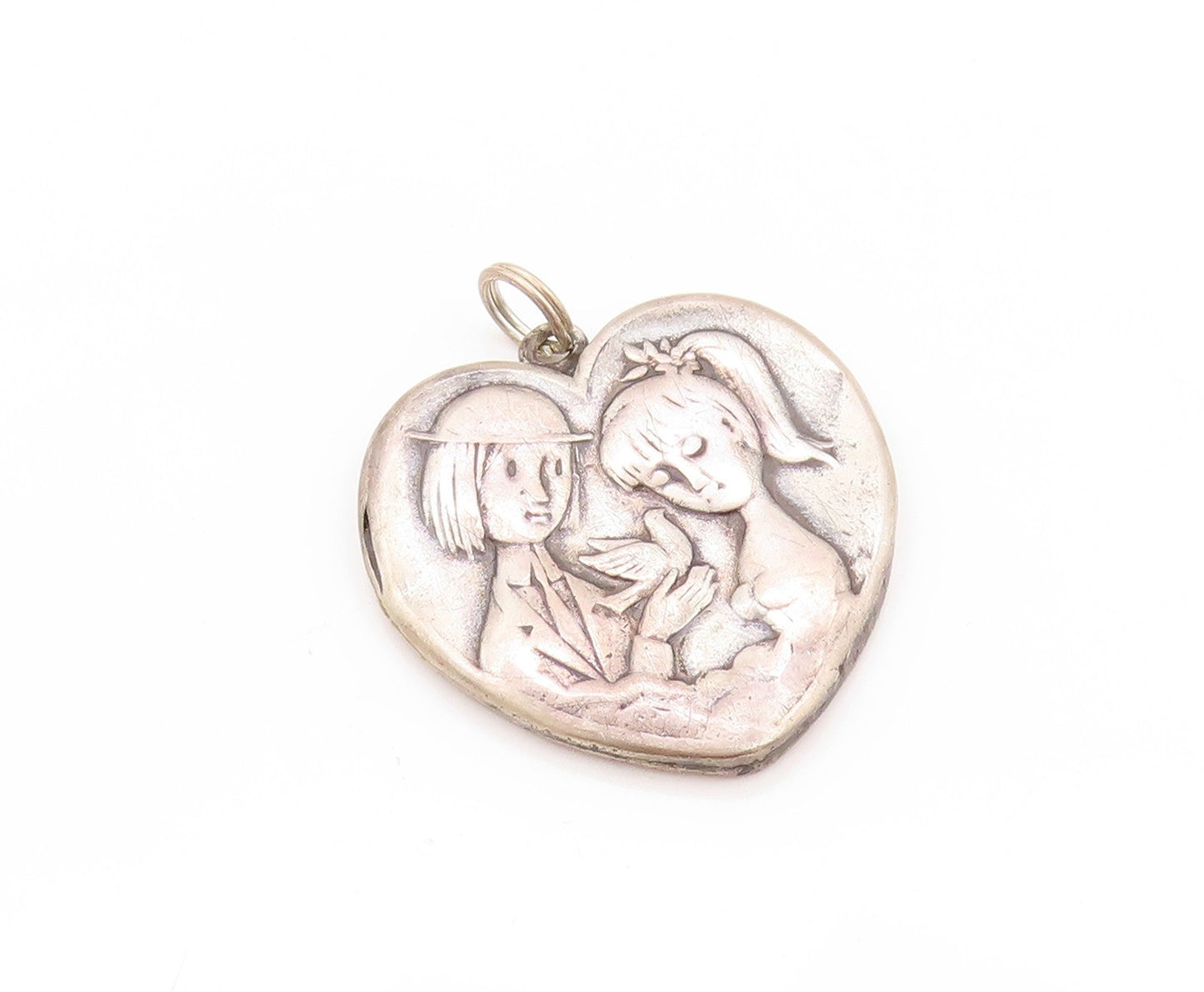 925 Sterling Silver Vintage Pendant Antique French Lovers Heart   PT24217