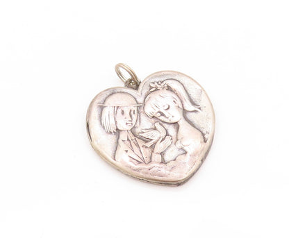 925 Sterling Silver Vintage Pendant Antique French Lovers Heart   PT24217