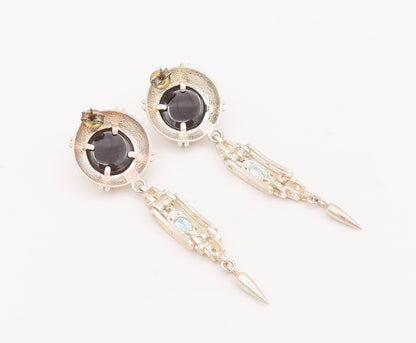 925 Sterling Silver Vintage Earrings Domed Cabochon Onyx & Topaz Dangle  EG12918