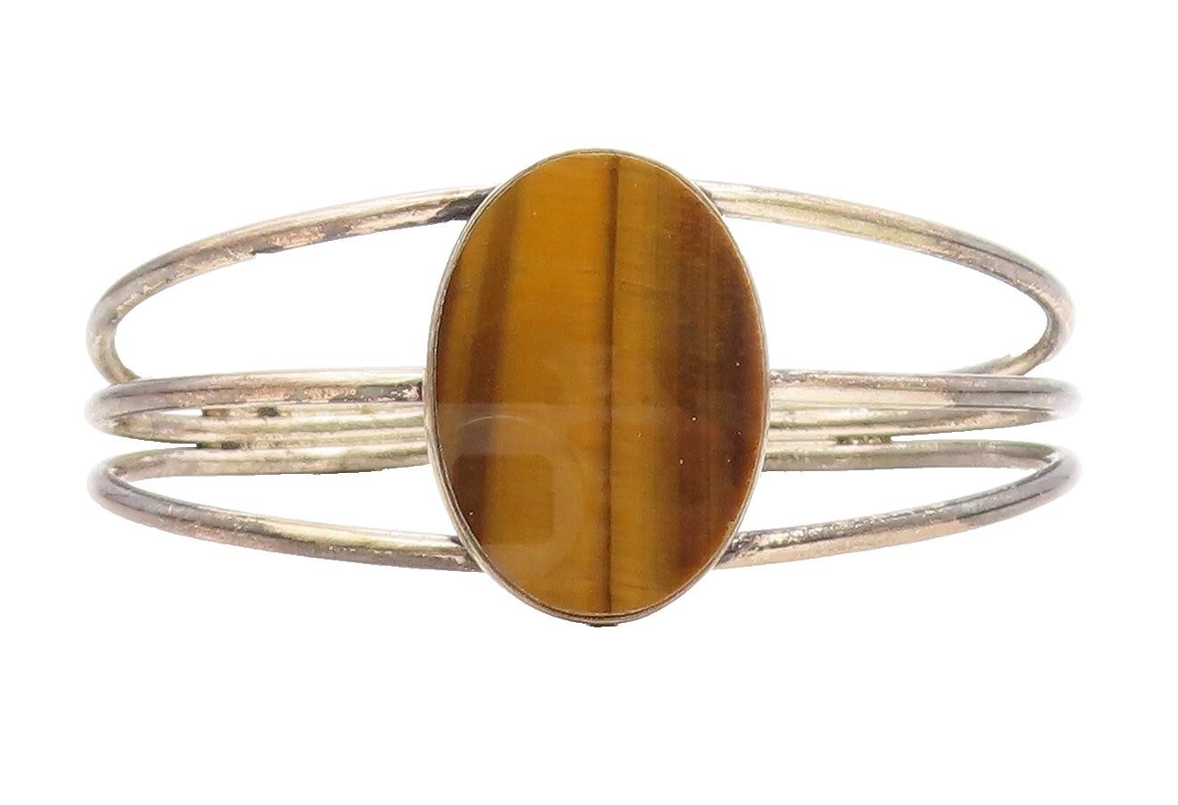 925 Sterling Silver  Vintage Tiger's Eye Split Shank Cuff Bracelet  BT2882