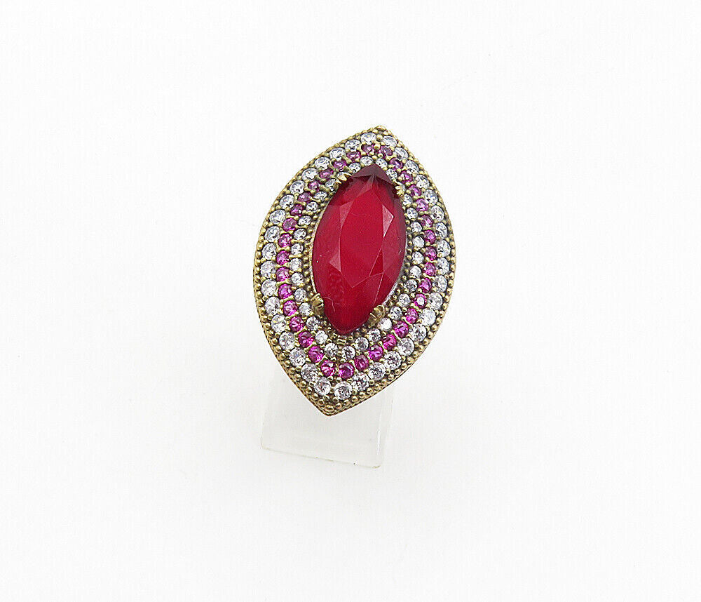 925 Sterling Silver  Vintage Pink & White Topaz Cocktail Ring Sz 8  RG8787