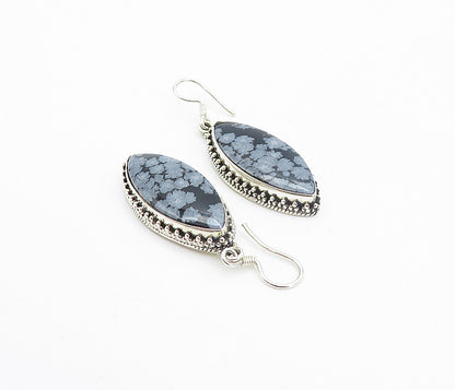 925 Sterling Silver Vintage Snowflake Obsidian Pointed Dangle Earrings EG3169