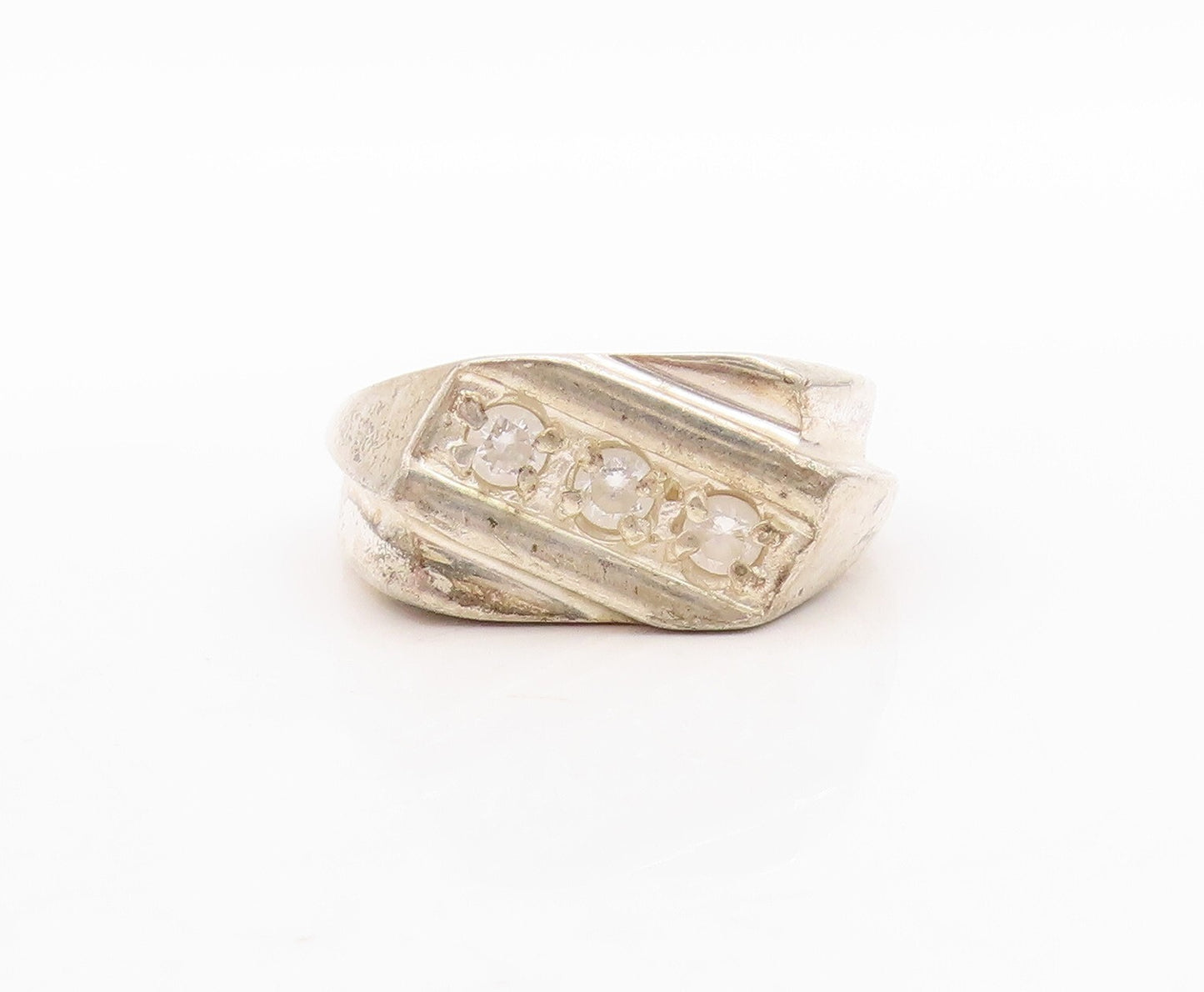 925 Sterling Silver Vintage Ring Antique CZ Band Design Carved  Sz 11  RG31681