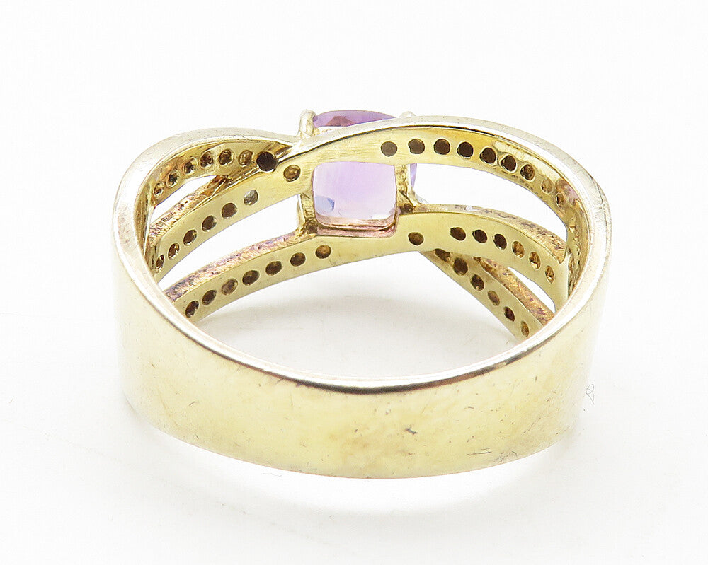 925 Sterling Silver  Amethyst & Genuine Diamond 2 Tone Band Ring Sz 8  RG11562