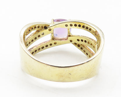 925 Sterling Silver  Amethyst & Genuine Diamond 2 Tone Band Ring Sz 8  RG11562