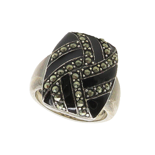 925 Sterling Silver  Vintage Black Onyx & Marcasite Cocktail Ring Sz 7 RG19575