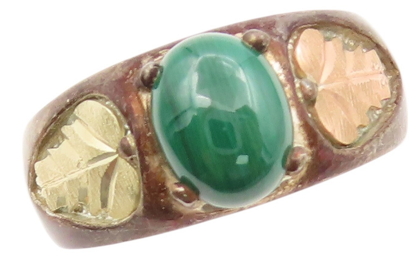 12k Gold 925 Sterling Silver Vintage Ring Oval Malachite Flowers  Sz 9  RG31915
