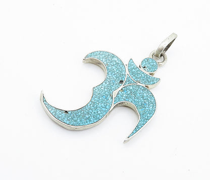 925 Sterling Silver  Vintage Turquoise Om Spiritual Symbol Pendant  PT6060