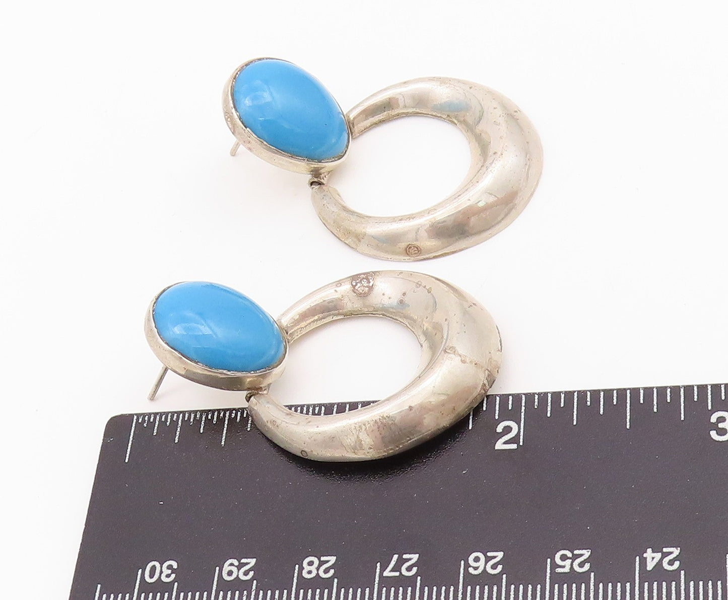 925 Sterling Silver Vintage Earrings MEXICO Oval Larimar Dangling Ring  EG13623