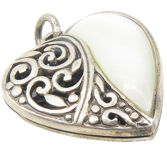 925 Sterling Silver  Vintage Mother Of Pearl Swirl Love Heart Pendant  PT9294