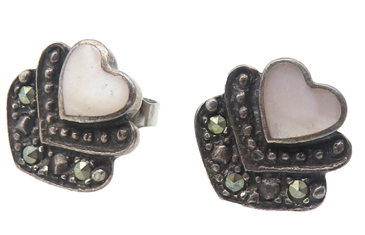 BOMA 925 Silver  Vintage Mother Of Pearl & Marcasite Heart Earrings  EG6275