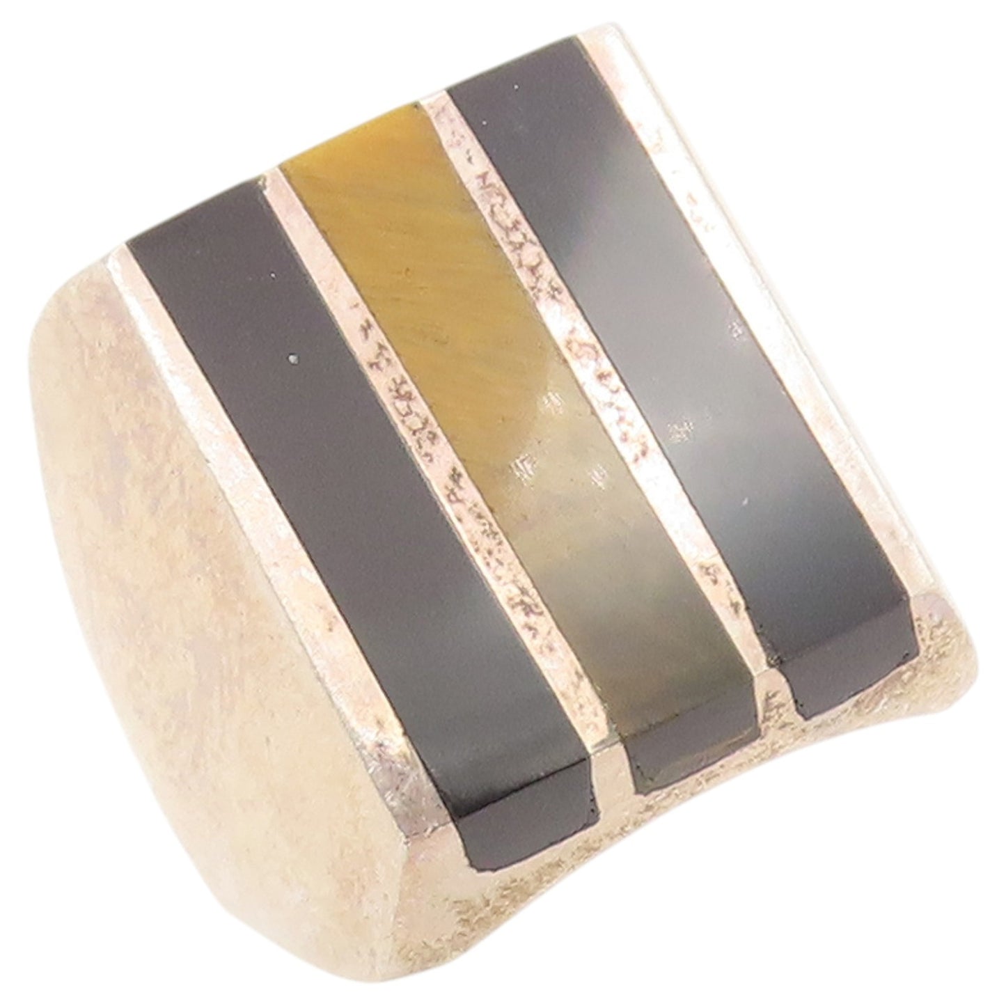 925 Sterling Silver Vintage Ring MEXICO Tiger's Eye & Onyx Inlay Sz 9.5 RG36518