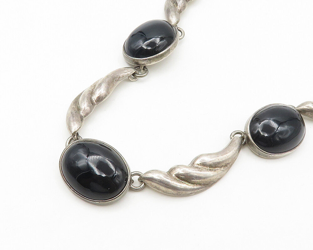 MEXICO 925 Sterling Silver Vintage Large Black Gemstone Chain Necklace  NE2992