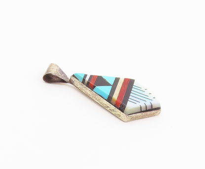 925 Sterling Silver Vintage Pendant NAVAJO ZUNI Gemstone Geometric Inlay PT26424