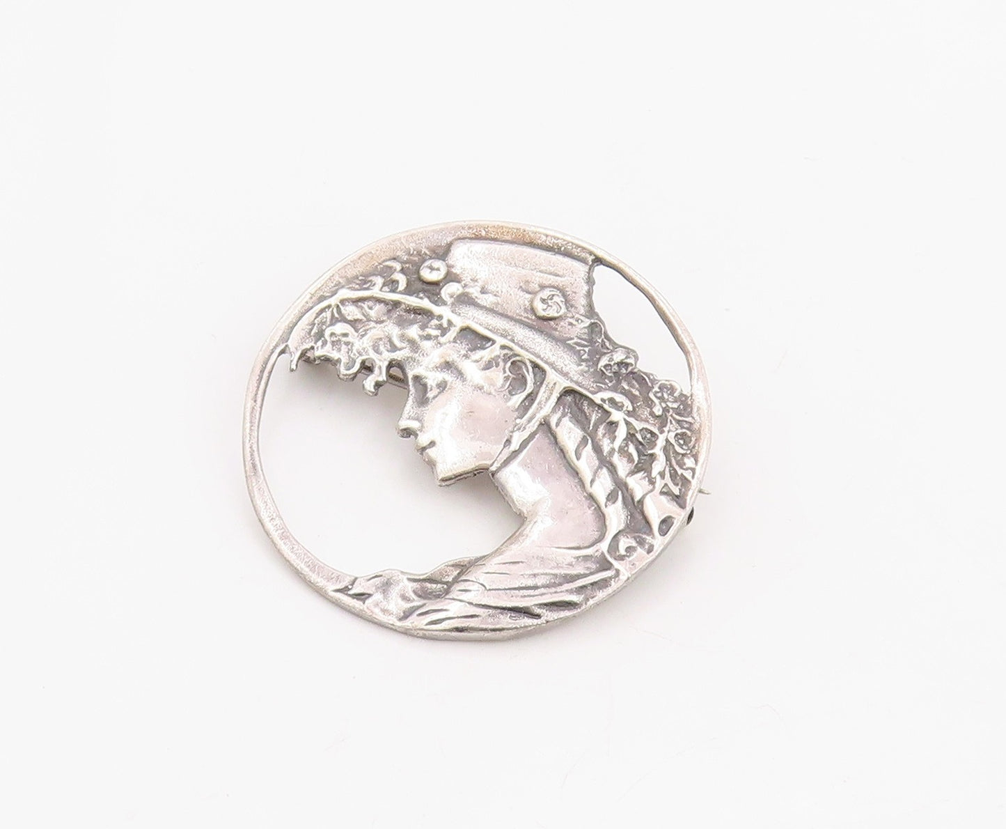925 Sterling Silver Vintage Brooch Pin Art Nouveau Style Lady Portrait  BP12325