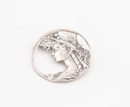 925 Sterling Silver Vintage Brooch Pin Art Nouveau Style Lady Portrait  BP12325