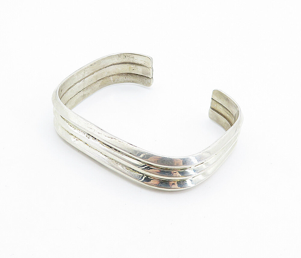 MEXICO 925 Sterling Silver  Vintage Shiny Fluted Square Cuff Bracelet  BT2812