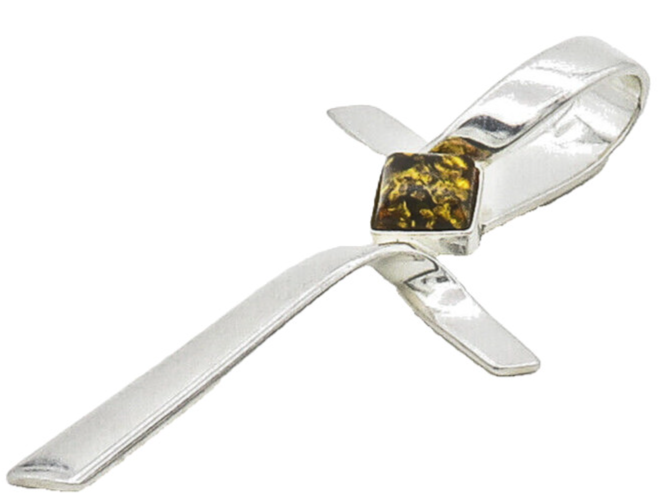 925 Sterling Silver  Vintage Amber Religious Cross Ribbon Pendant  PT12952