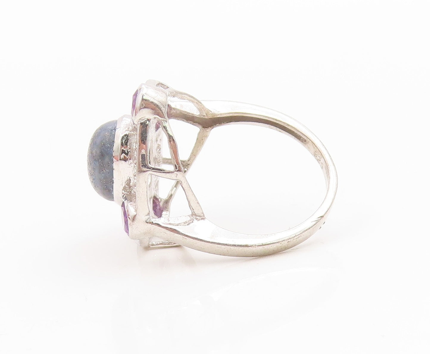925 Sterling Silver Vintage Ring Amethyst & Gemstone Openwork Band Sz 7 RG36170