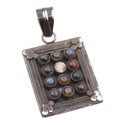 925 Sterling Silver  Vintage Labradorite Amber & Onyx Wheat Pendant  PT7299