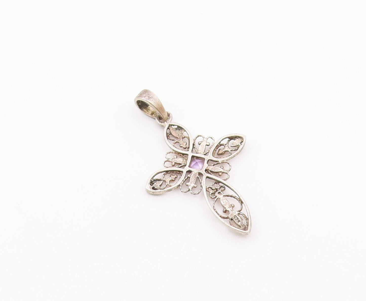 925 Silver  Vintage Openwork Heart & Flowers Cross Gemstone Pendant  PT21316