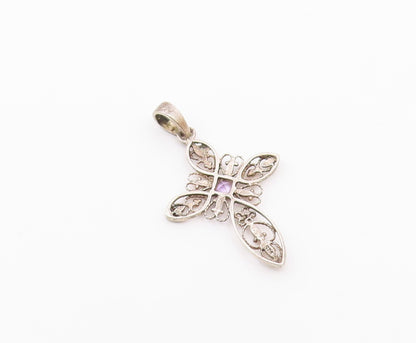 925 Silver  Vintage Openwork Heart & Flowers Cross Gemstone Pendant  PT21316