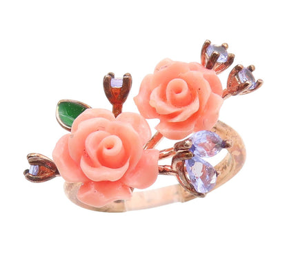 925 Sterling Silver Vintage Ring Gold Plated Tanzanite Rose Band  Sz 7  RG34263