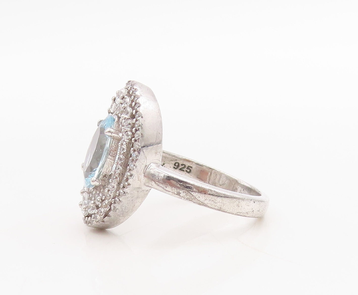 925 Sterling Silver Vintage Ring Oval Blue Halo White Topaz Inlay Sz 8.5 RG30529