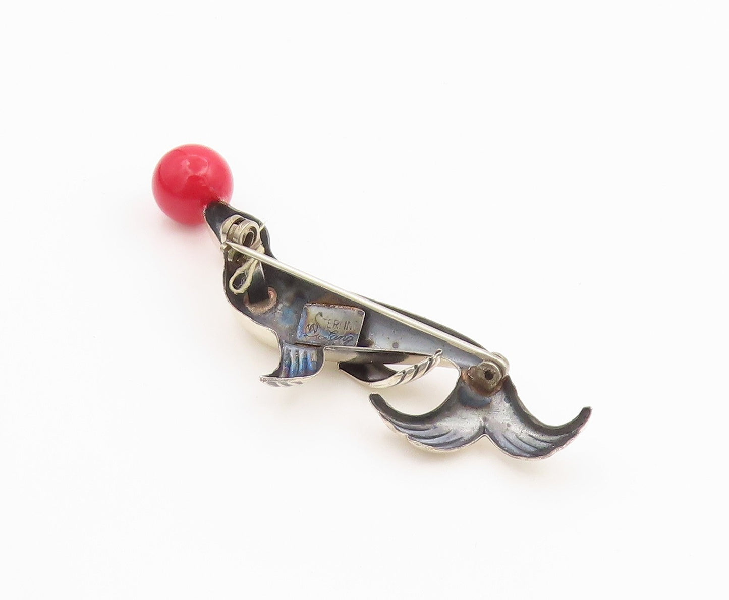 925 Sterling Silver Vintage Brooch Pin LANG Circus Seal With Red Ball  BP12442