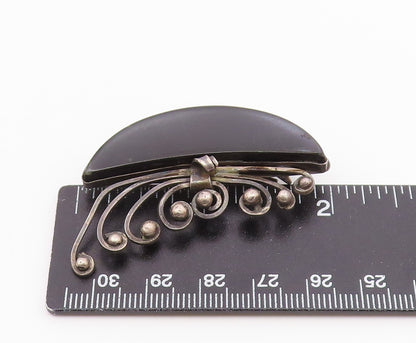 925 Sterling Silver  Vintage Black Onyx Dark Tone Swirl Brooch Pin  BP7952