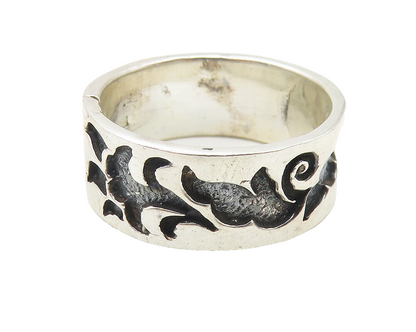 925 Sterling Silver  Vintage Oxidized Pattern Shiny Band Ring Sz 7  RG11015